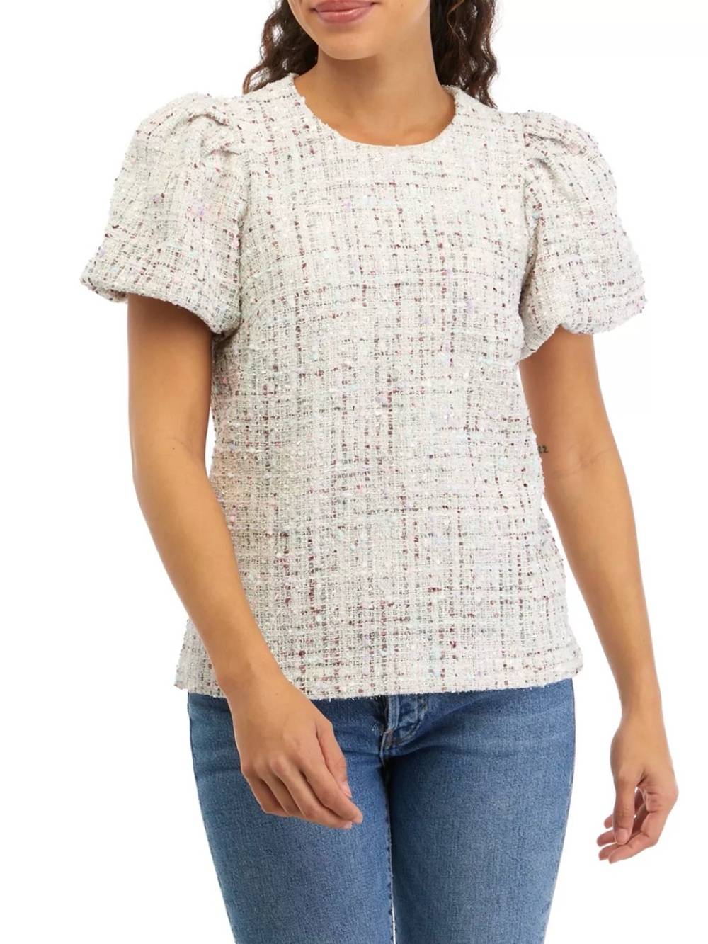 Crown & ivy Petite Tweed Puff Sleeve Woven Top